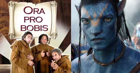 Cartel de "Ora pro bobis" y uno de los personajes de "Avatar"
